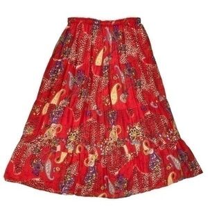Bobbie Brooks Maxi Skirt Womens Sz 1X Red Tiered Vintage Bohemian Elastic Waist